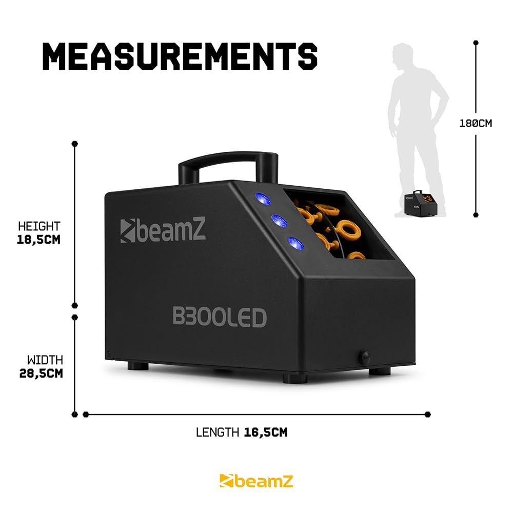 BeamZ B300LED Macchina per bolle per bambini, matrimonio/serata, con LED RGB – Ventilatore potente, doppia ruota, maniglia, telecomando, serbatoio 700 ml, ideale per feste all'aperto