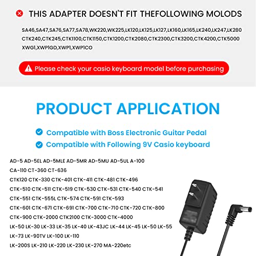 Image of 9V Adapter for Boss Effects Pedals, Distortion, Casio Keyboards, 9V 850mA Power Supply for Guitar Pedals,AC dc 9v Power Cord Replacement D'Addario PW-CT-9V, Boss PSA-120S