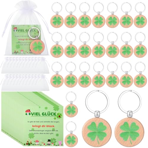 Namalu 24 Viel Glück Geschenke Set Inkl. 24 Kleeblätter Glücksbringer Schlüsselanhänger Holz 24 Kleeblatt Neujahrskarten Organzabeutel Neujahr Geschenke(Runden)