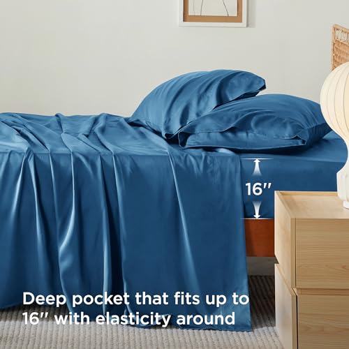 Image of Bedsure Cooling Sheets Twin, Rayon Derived from Bamboo, PureWoven, Breathable & Soft Twin Sheets Set, Deep Pocket Up to 16 Inches, Hotel Luxury Silky Bedding for Hot Sleepers, Teal