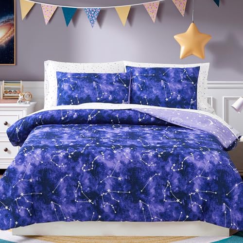 Full Size Comforter Set -7 Pieces Girls Boys Galaxy Glow in The Dark Full Bedding Sets for Kids, Ultra Soft Bed in A Bag with Sheets