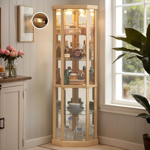 Corner Curio Cabinet, 70" H Lighted Glass Display Cage with Tempe...