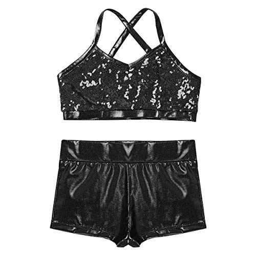 JanJean Kids Girls 2 Piece Ballet Active Outfits Gymnastics Leotard Dance Gym Workout Shiny Tank Top with Booty Shorts Black 5-6 - Thumbnail 4