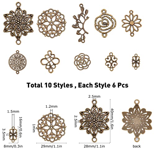 SUNNYCLUE 1 Box 60Pcs 10 Styles Flower Connector Charm Antique Bronze Hollow Filigree Floral Links Alloy Flat Round Leaf Knot Vintage Pendants for Jewelry Making Charms DIY Bracelets Findings - Image 2