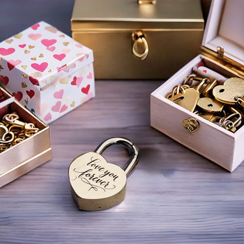 Image of Shiny Brass Heart Shaped Lock Engraved inchLove You Forever inchCustom Padlock with Keys for Jewelry Box, Storage Box, Diary, Gift & Valentine's Decor