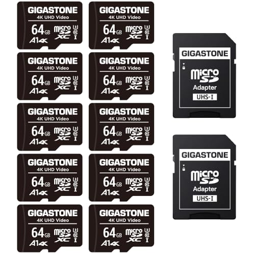 GIGASTONE 64GB Micro SD Card 10-Pack, A1 V30 4K Video Recording, Surveillance Security Cam Action Camera Drone Professional, 90MB/s Micro SDXC UHS-I Class 10