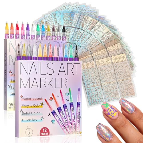 12 Colors Nail Art Pens 0.5mm & 0.7mm Nail Polish Pen Nail 2 Boxes Markers Doodle Pen Quick Dry Waterproof Nails Art Tools for Painting Point Liner DIY Manicure（Attachment 24 Pcs Template Stickers）