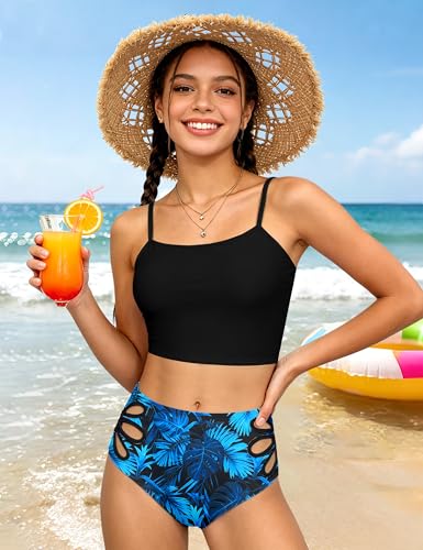 Image of Girls Tankini Swimsuit 2 Piece Bathing Suit Twist Cross Back Cutout Swim Tank Top Floral Print Swimwear for 7-18Y