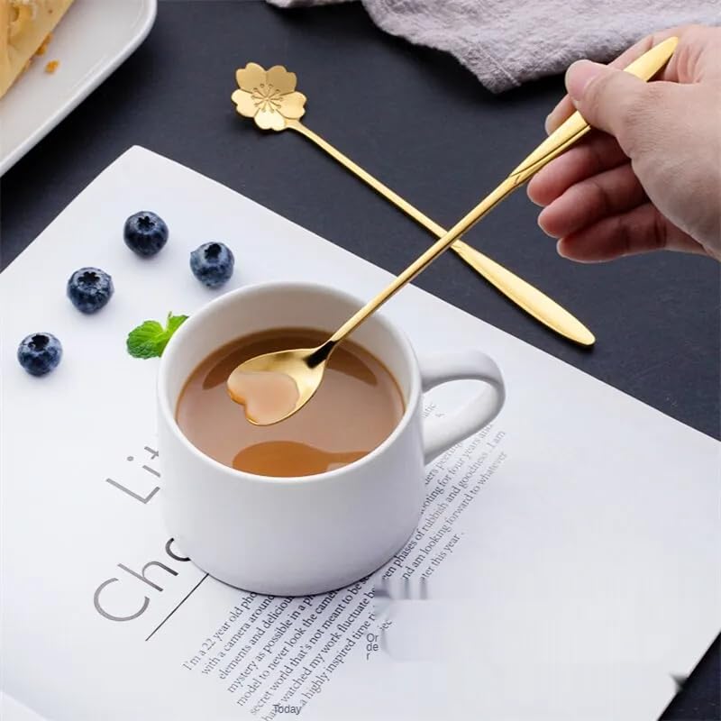 Juego de 6 cucharas de café de acero inoxidable con diseño de cerezo y rosa y flores doradas, regalos de cocina, postre, té, accesorios de decoración de vajilla, 6 piezas doradas