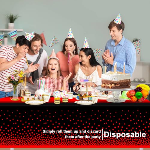 Image of 6 Pack Black and Red Tablecloth Party Decorations Plastic Black Tablecloth Printed Red Table Runner 54 x108 Inch Disposable Rectangle Table Cover for Birthday Wedding Graduation