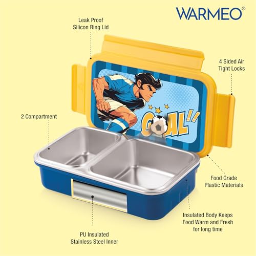 Image of WARMEO Cosmic 3D Print Insulated Lunch Box with Two Compartment BPA Free, Kids Lunch Box,Food Grade Ideal for School, Picnic,& Outdoor - 600 ml Football, Stainless Steel