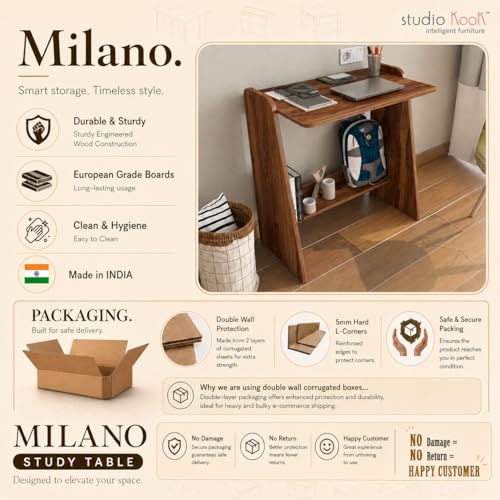 Image of Studio Kook Milano Study Table, Engineered Wood, Modern Computer Desk with Storage Shelf, 80cm Height x 75cm Width, Engineered Wood, Matte Finish, DIY (DO IT Yourself) Assembly (Amber Walnut)