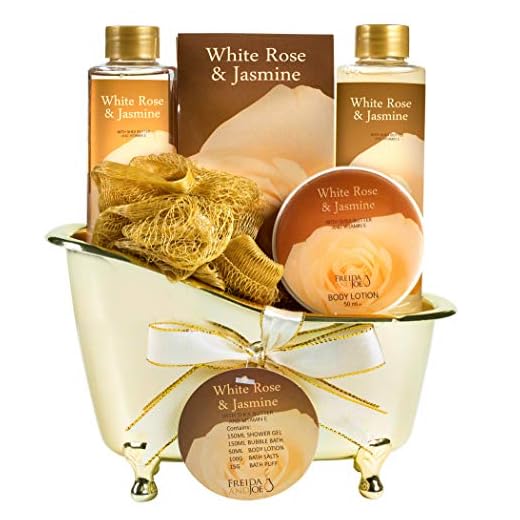 White Rose Jasmine Spa Set For Women Displayed in Elegant Gold Tub Includes Shower Gel, Bubble Bath, Body Lotion, Jasmine Bath Salt and Pouf, Award Winning Bath and Body Set