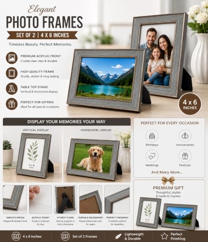 Image of 4x6 Inch Photo Frame Set of 2 - Acrylic Front Table Top Photo Frames with Stand, Dual Orientation Portrait & Landscape Display for Home Office Decor (grey wood)