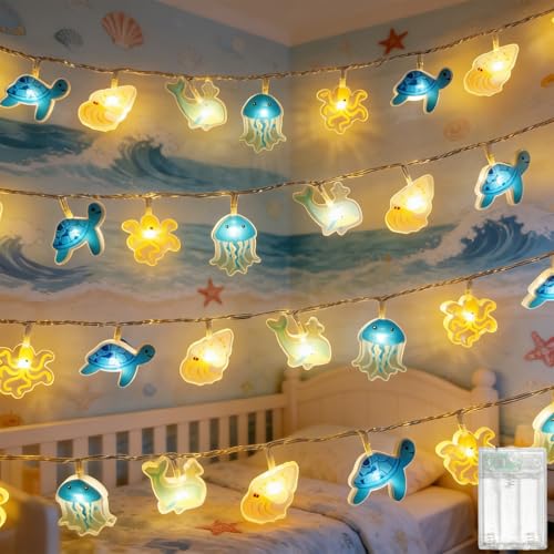 MOLVCE Meerestiere Lichterkette Kinderzimmer Deko Innen, 1.5M 10 LED Warmweiß Acryl Lichterkette Batteriebetrieben mit Timer, Dekorative Lichter für Schlafzimmer, Kinderzimmer, Zelt, Bett