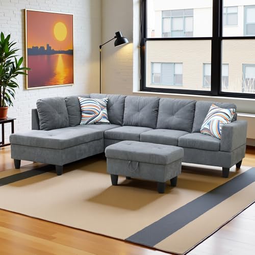 L Shaped Couch Modern Sectional Couch Upholstered Flannelette Fabric 3 Pieces Sofas for Living Room with Chaise, Storage Ottoman for Office and Small Apartment, Dark Grey - Image 5