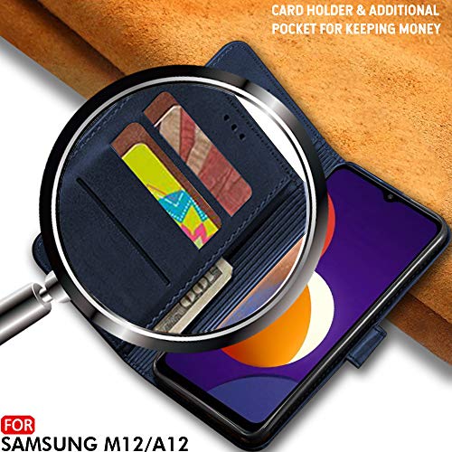 Image of TheGiftKart Flip Case Back Cover for Samsung Galaxy M12 / F12 / A12 (Genuine Leather Finish | Inside Pockets & Inbuilt Stand | Wallet Style Back Cover Case | Designer Button Magnet | Blue)