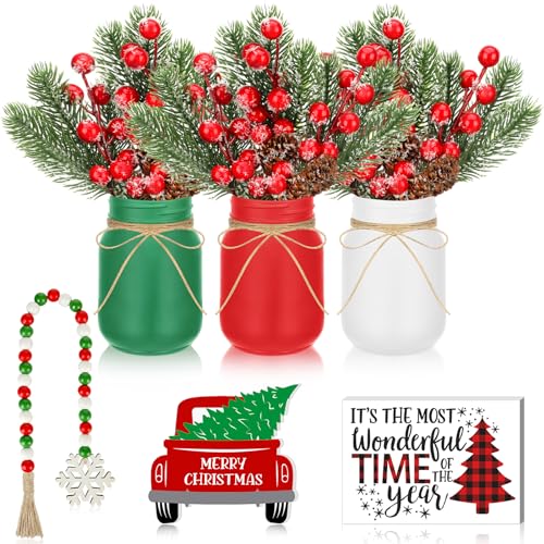 Jexine 12 Pcs Christmas Mason Jar Christmas Table Centerpieces Decor with Artificial Snow Pine Cone Red Berry Xmas Wooden Sign Tiered Tray Decor for Home Kitchen Holiday
