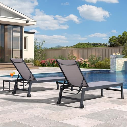 Image of PURPLE LEAF Outdoor Chaise Lounge Set of 2 Aluminum Patio Lounge Chair with Wheels and Side Table Pool Chaise Lounge Chair for Poolside Outdoor Backyard Light Grey