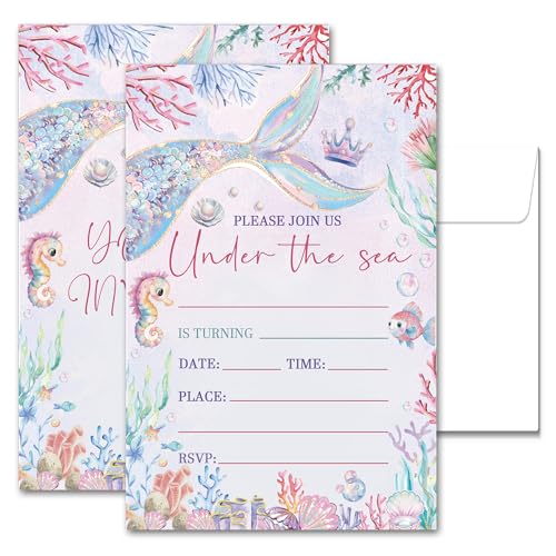 Bltgh Mermaid Tail Birthday Invitation Cards 20 Pack Party Invitations Cards with Envelopes For Birthday Mermaid Under the Sea Invitations for Girls Women Party Decorations Supplies (4x6)