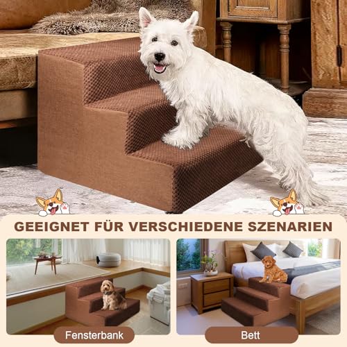 Haustiertreppe für Kleinen Hunde und Katzen, Abnehmbare Waschbar Hundetreppe Katzentreppe aus Schwamm mit Reißverschluss Plüschbezug, Tragbar Haustiertreppe für alte Hunde (3 Stufen Braun)