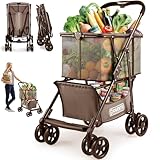 𝟐𝟎𝟐𝟓 𝐔𝐩𝐠𝐫𝐚𝐝𝐞𝐝 Folding Shopping Cart with Wheels, 80lbs Multi Use Grocery Carts with 360° Wheels & Removable Tote Bag, Multifunctional Portable Personal Shopping Carts for Groceries (Khaki)