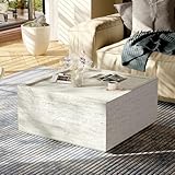 Patio Watcher 28' Modern Square Coffee Table, Light Concrete Textured Center Table for Living Room, Stone Accent Coffee Tea Table for Apartment, 28'×28'×13', No Assembly, Off-White