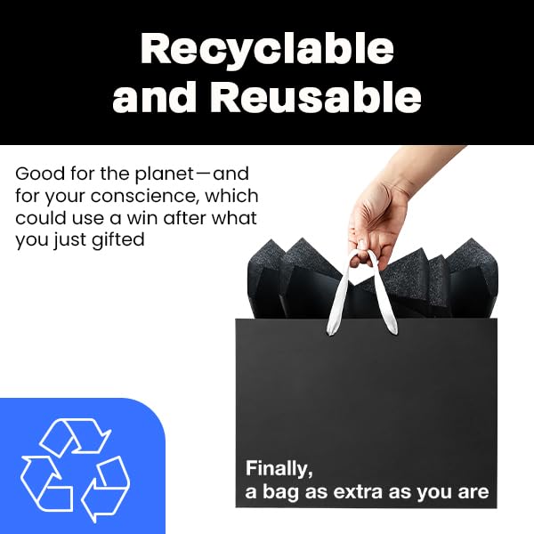 MilkToast Brands Funny Gift Bags, 16" x 6" x 12" Size, 5-Pack Set with Assorted Sarcastic Phrases, Large Black Kraft Paper Bags for White Elephant Gifts, Christmas, Holidays, Office Parties, Birthdays, Father's Day