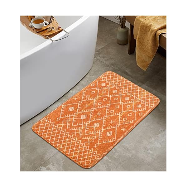 Uphome Bathroom Rugs 18x25 inch Orange Boho Bath Mat Non-Slip Moroccan Geometric Farmhouse Bath Rug Soft Velvet Machine Washable Floor Mats for Tub Sink Shower