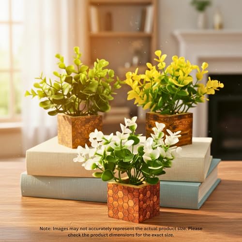 Image of DecoreBugs Artificial Eucalyptus Mini Potted Fake Plants, Wooden Pot, for Home Decor, Office Desk, Tabletop, Wall Shelves, Pack of 3