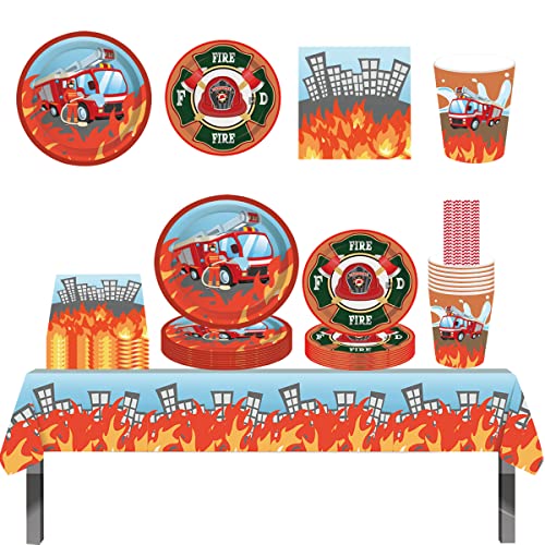 ZOOMIL Pompiere Stoviglie per Feste, Tema Pompiere Stoviglie, 70pcs Pompiere Forniture per Feste, Pompiere Tovaglie Piatti Tazze Tovaglioli, per Una Festa di 8 Persone