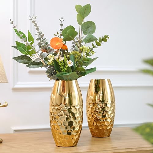 Image of BEHOMA Metal Vase Set of 2 pcs, Gold | Metal flower vase in Gold - for fresh or artificial flower displays for living room - great wedding gift (Set of 2)