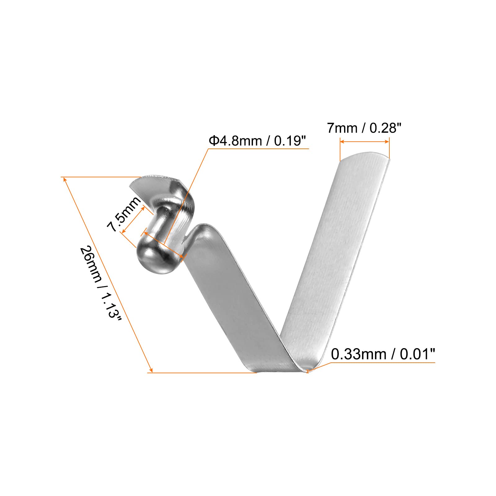 sourcing map 20uds Único Botón Kayak Remo Presión Resorte Clip 26mm x 4,8mm 65Mn Resorte Acero V-Forma Hueco Elevador Telescópico Bloqueo Tubo Poste Clips para Tienda Paraguas Campamento, Plata