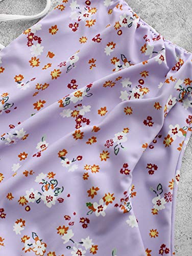 Image of ZAFUL Women High Waisted Bikini Bottoms Ruched Swimsuit Bottom Tummy Control Bathing Suit Bottoms Purple Floral L