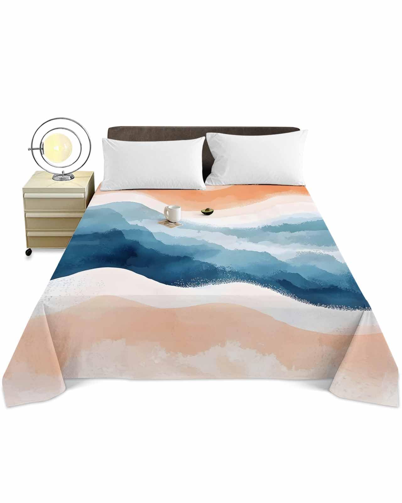 Twin XL Top Sheet Bedding Flat Sheet Only, Summer Seaside Gradient Waves Soft Microfiber Bed Sheets Hotel Luxury, Abstract Spray Breathable Top Sheets Easy Care