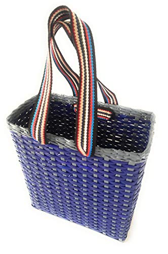 Image of Paperus, Small Blue & Grey, Lunch Bag, Carry Bag, Handbag, Tiffin Basket, Eco-Friendly, Handmade, of Paper Ropes 11 in Tall 10 in Length 5 in Wide Base
