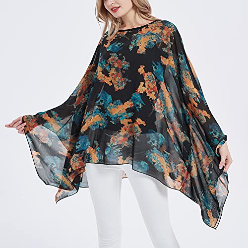 Wiiiwish Women's Loose Solid Long Batwing Sheer Chiffon Caftan Wrap Poncho Tunic Top Topper #TOP1