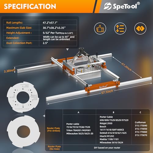 SpeTool Xpert Router Sled for Flattening Slabs with Continuous Height Adjustment & Dust Collection, Easy-to-install 3-Axis Aluminum Slab Flattening Jig, Spoilboard Slab Flattening Mill for Woodworking