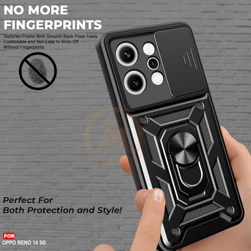Image of Armor Bumper Back Cover Case for Oppo Reno 14 5G Rotating Camera Cover, Ring Holder & Kickstand | Heavy Duty & 360 Degree Protection Oppo Reno 14 5G Back Cover (Black)