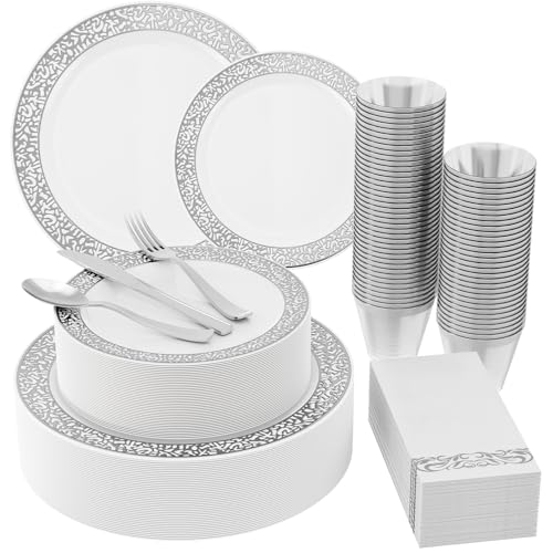 𝟐𝟏𝟎 Count Silver Plastic Dinnerware, Silver Disposable Plates, Includes 30 Dinner & 30 Dessert Plates & 30 Cups & 30 Paper Napkins & 30 Plastic Silverware Set