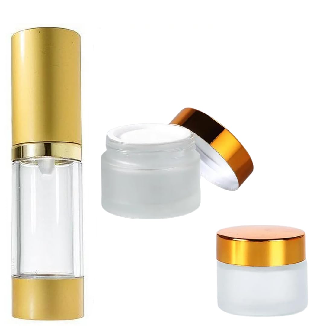B.H.Industry (Set of 3) 30ml Clear Airless Pump Bottles & 50g Clear Frosted Jars with Golden Caps - Ideal for Beauty Products, Makeup, Foundations, and Serums - Lightweight, Refillable-image-15
