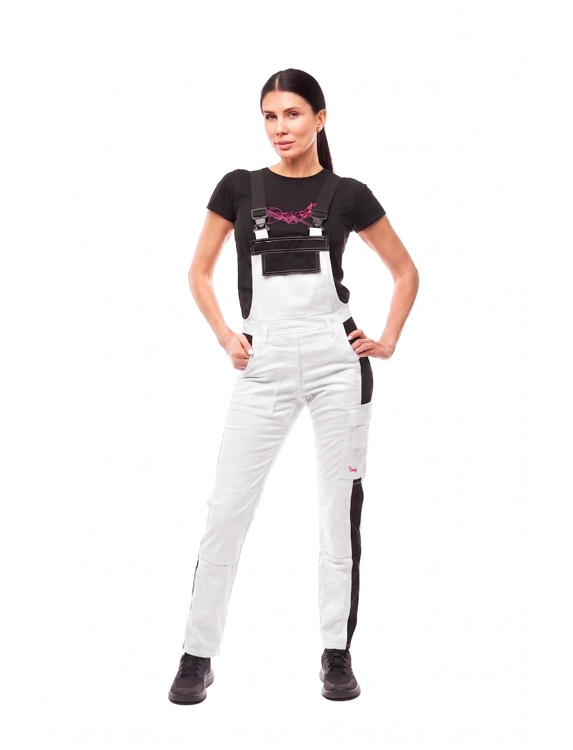 strongAnt Salopette da lavoro da donna Elasticizzata Berlin. Salopette combinati - Pantaloni magazzino giardiniere, tasca per ginocchiere - Nero Bianco Rosa