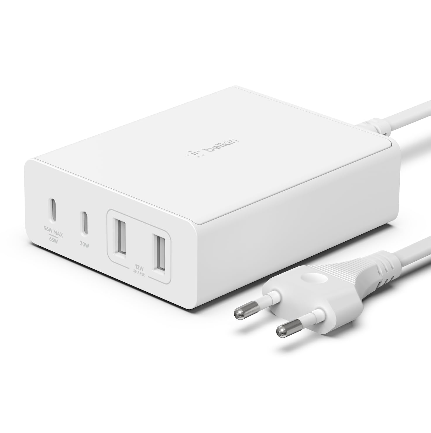 Uniwersalna stacja ładująca Belkin GaN USB 108 W, koncentrator z funkcją szybkiego ładowania z 2 × USB C oraz 2 × USB A do MacBooka Pro, Air, iPhone’a 15, iPada Pro, Air, Galaxy, Pixel i innych