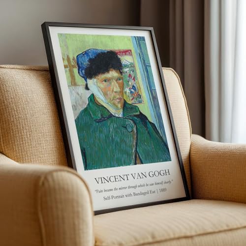 Image of Waltractive Vincent Van Gogh Paintings Framed Poster with Beautiful Quotes - Available in 33x22 and 48x33 CM - Classic Art Poster with sleek Black Frame - Elegant Home and Office Decor (Self-Portrait with Bandaged Ear, 13x19 Inch, Framed)