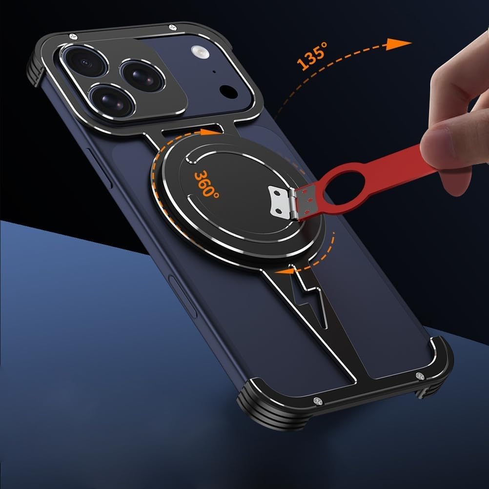 Magnetic Frameless Metal Case for iPhone 17 Pro/17 Pro Max, Hollow Heat Dissipation Design with Folding Stand & Rugged Protection(Blue,17 Pro)