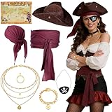 Zouonou Lot de 8 chapeaux de pirate avec bandana de pirate + cache œil + carte + bijoux Chapeau de pirate pour femme