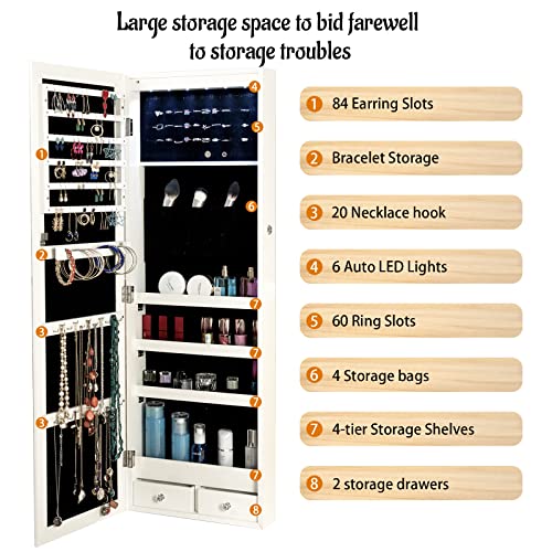KEDLAN 6 LEDs Mirror Jewelry Cabinet, 43.3" H Lockable Wall/Door Mounted Jewelry Armoire Organizer with Mirror, 2 Drawers, White JC600 - Image 3