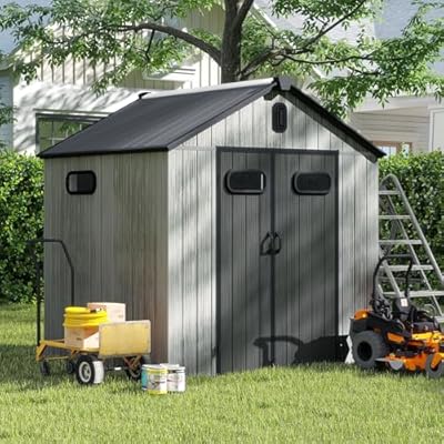 SHPAI 6X6 FT Outdoor Resin Storage Shed, Waterproof Plastic Garden Shed with Lockable Door, Windows & Vents, Outside Storage Tool Shed for Patio Furniture, Lawn Mower, Bike