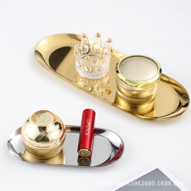 Miniatura 3 de 1 bandeja dorada para baratijas, ovalada, de acero inoxidable, bandeja de almacenamiento para toallas, platos de té, fruta, bandeja de