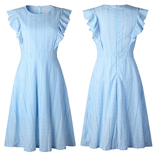ECOWISH Womens Dresses Elegant Ruffles Cap Sleeves Summer A-Line Midi Dress Blue S